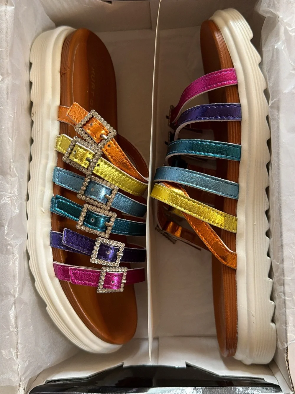 Kurt Geiger Rainbow Jeweled Multi-Stripe Slide Sandals
